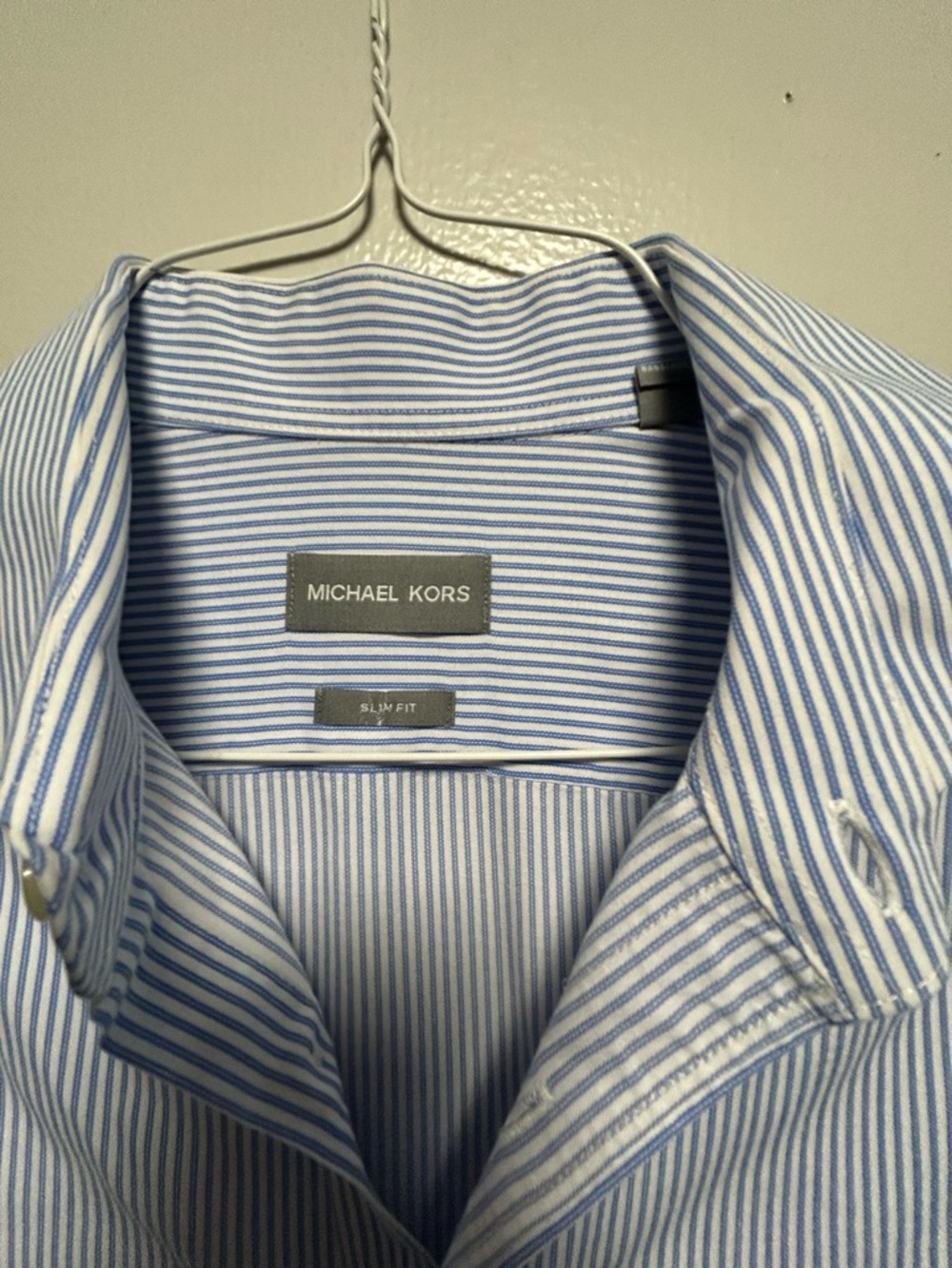 Michael Kors Men’s Slim Fit Light Blue & White Pinstripe Dress Shirt